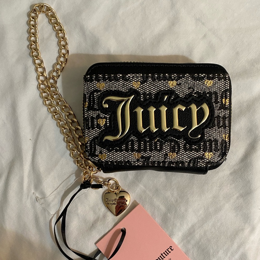 Juicy Couture Black Beige Poker Face Square Zip Wallet Wristlet NEW